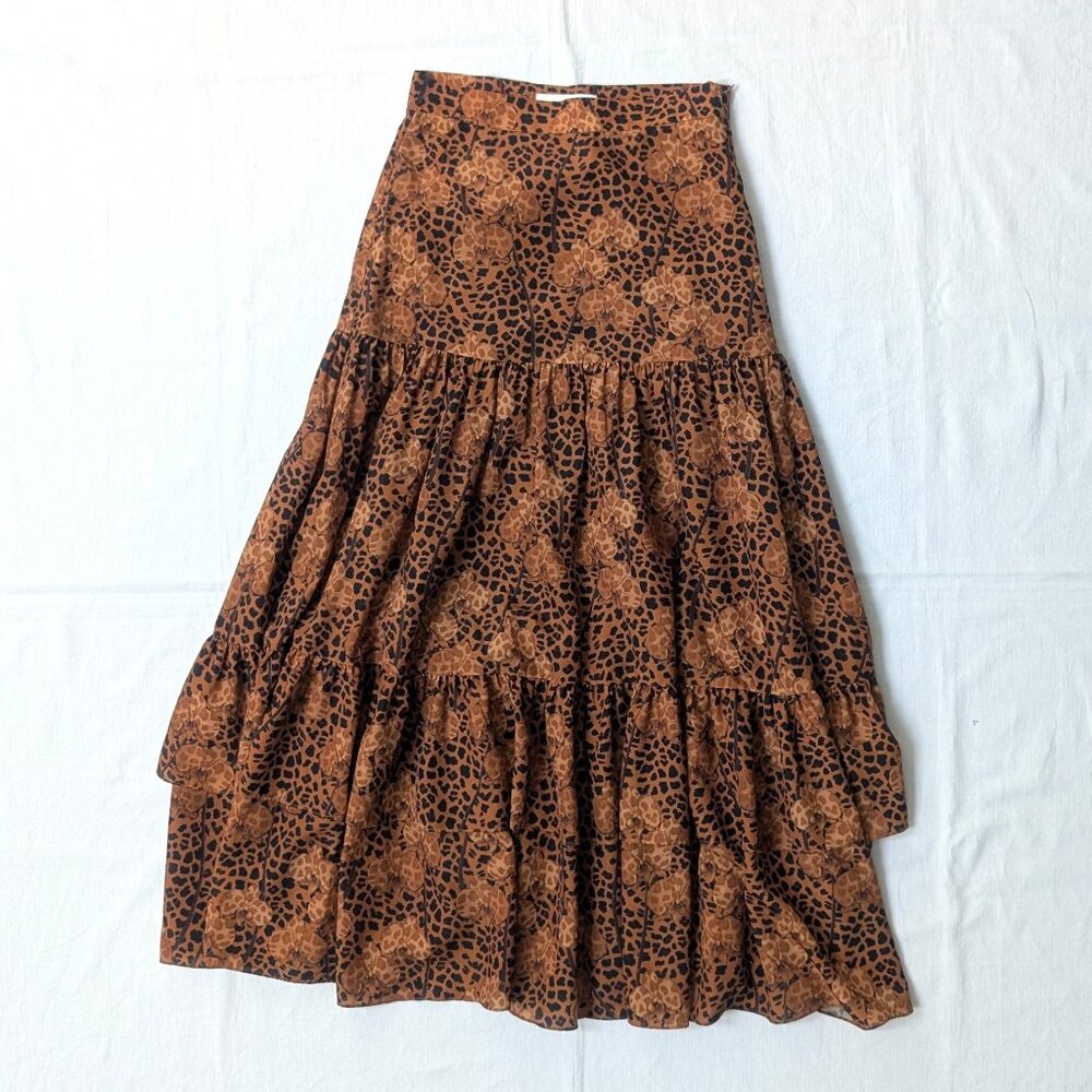 Borgo De Nor Tiered Floral Cheetah Print Maxi Skirt Brown Size UK 10 US 6
